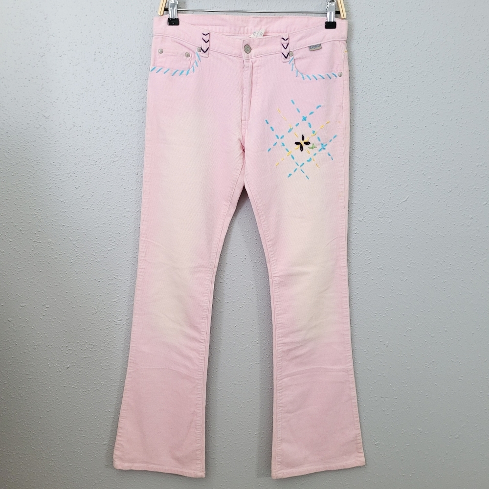 Crystal Baby Pink Flare Leg Embroidered Whipstitch Corduroy Flare Jeans Size 27
